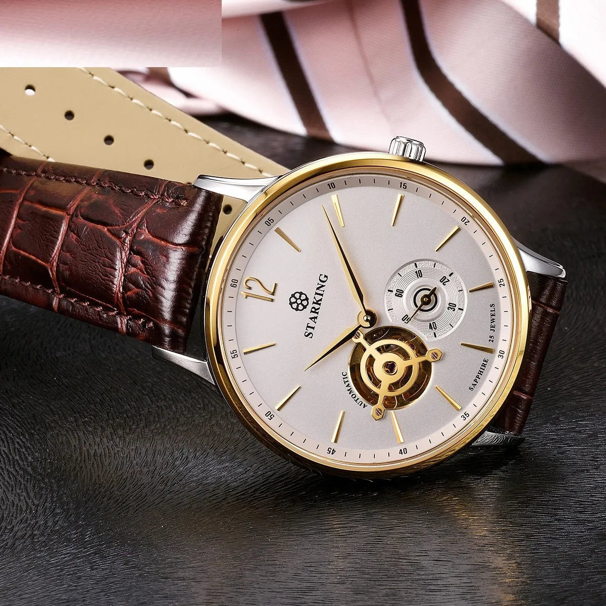 Automatic mechanical men's watch with brown leather strap and stainless steel case
