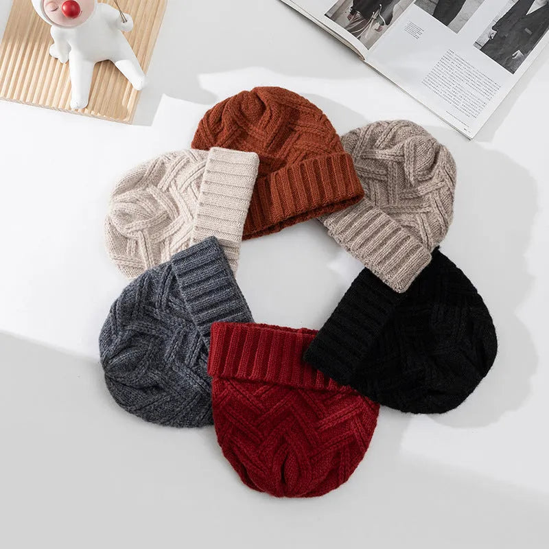 Wool knitted dome crown hat for women in assorted colours including ivory, khaki, red, brown, grey, and black.
