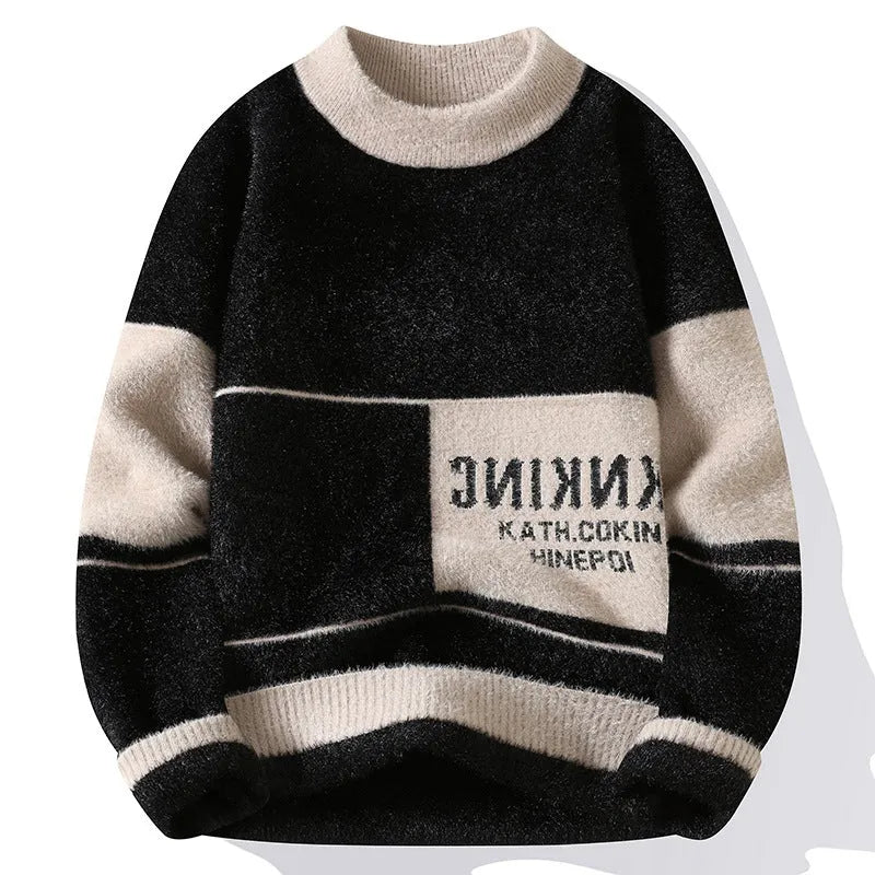Semi-high neck thickened rabbit hair blend sweater in khaki, slim fit pullover for teenagers