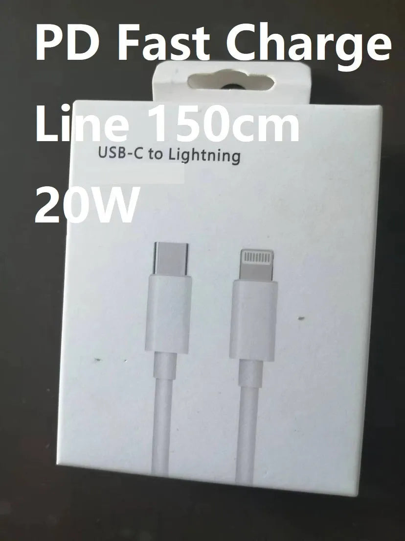 White 20W USB-C PD fast charger with UK plug and a choice of cable lengths.