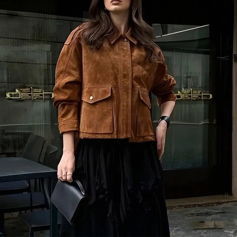 Women's regular sleeve suede coat in bright brown and brown colours showing polyester construction