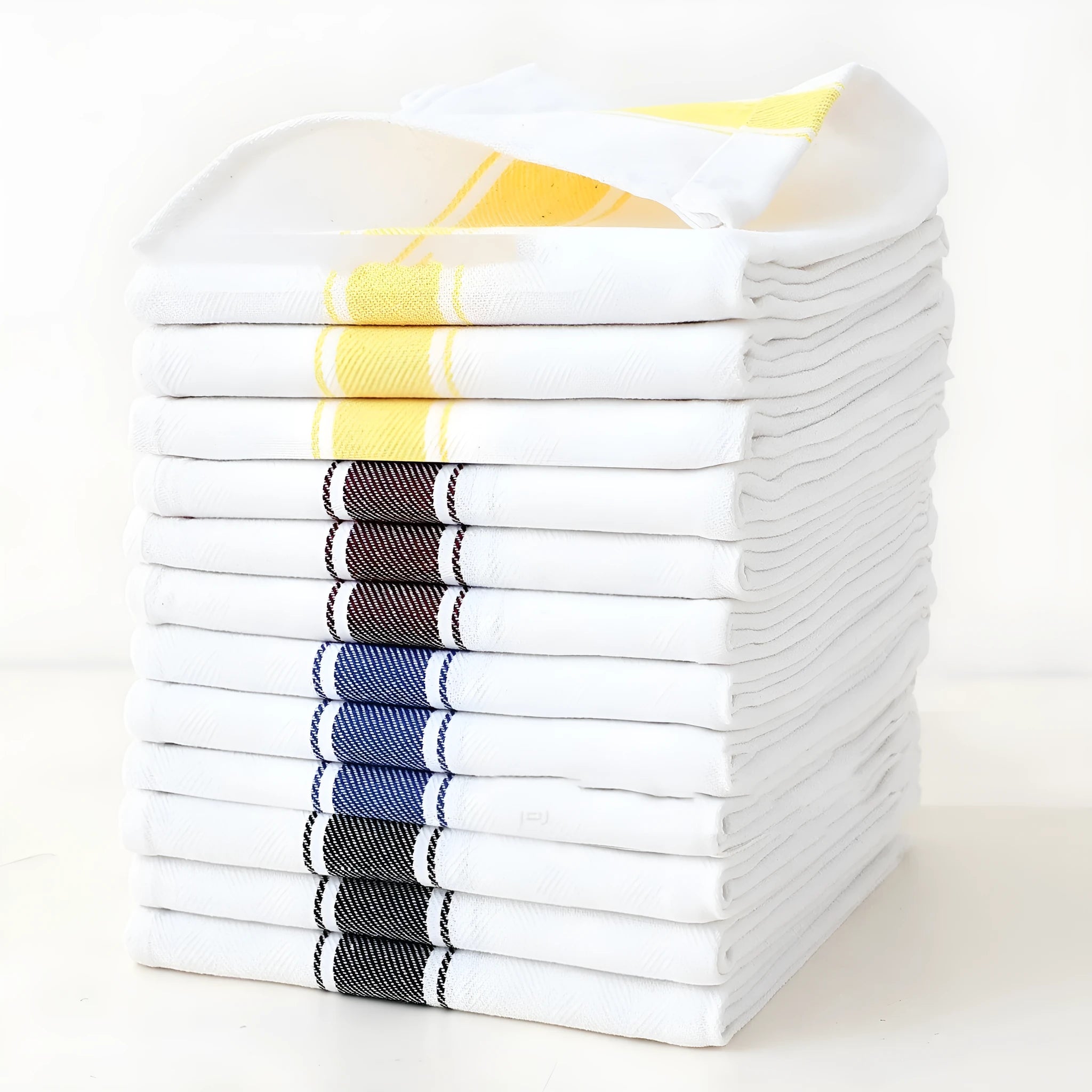 Twelve cotton dishwashing towels with striped pattern measuring 48x70cm in various colour options