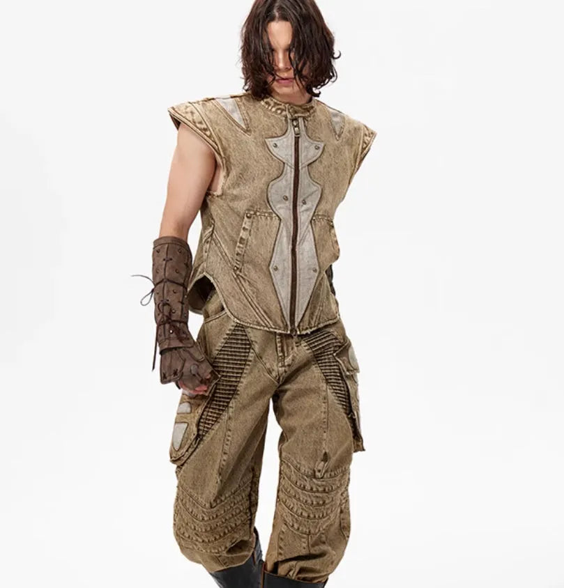 Dark wash cotton pleated vest for men in Korean style with size tags