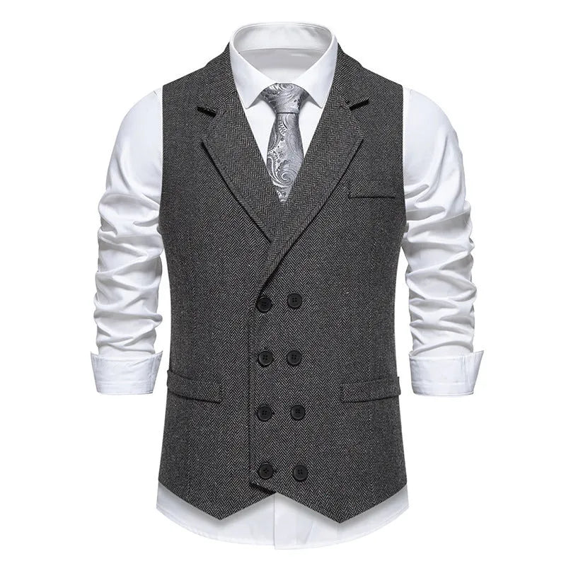 Men's herringbone tweed suit vest with double-breasted retro lapels, slim fit, pleated patch pockets, solid colour, straight hem