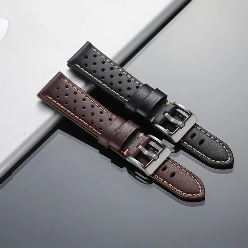 New business hollow-out first layer cowhide watch strap in six colour options on white background