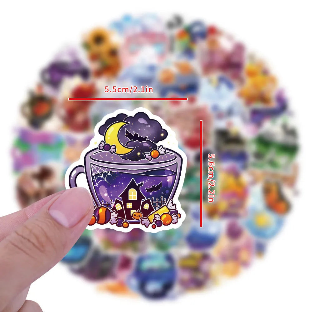 Pack of 50 colourful tea cup graffiti waterproof stickers in Nordic style for DIY luggage and scooter decoration.