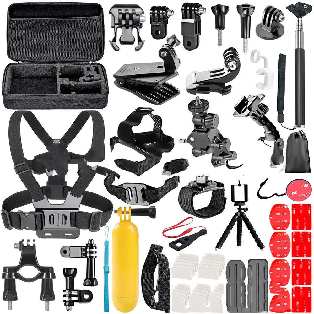 Black Gopro accessories set with chest strap mount, helmet mount and tripod compatible with Hero cameras and iPhones