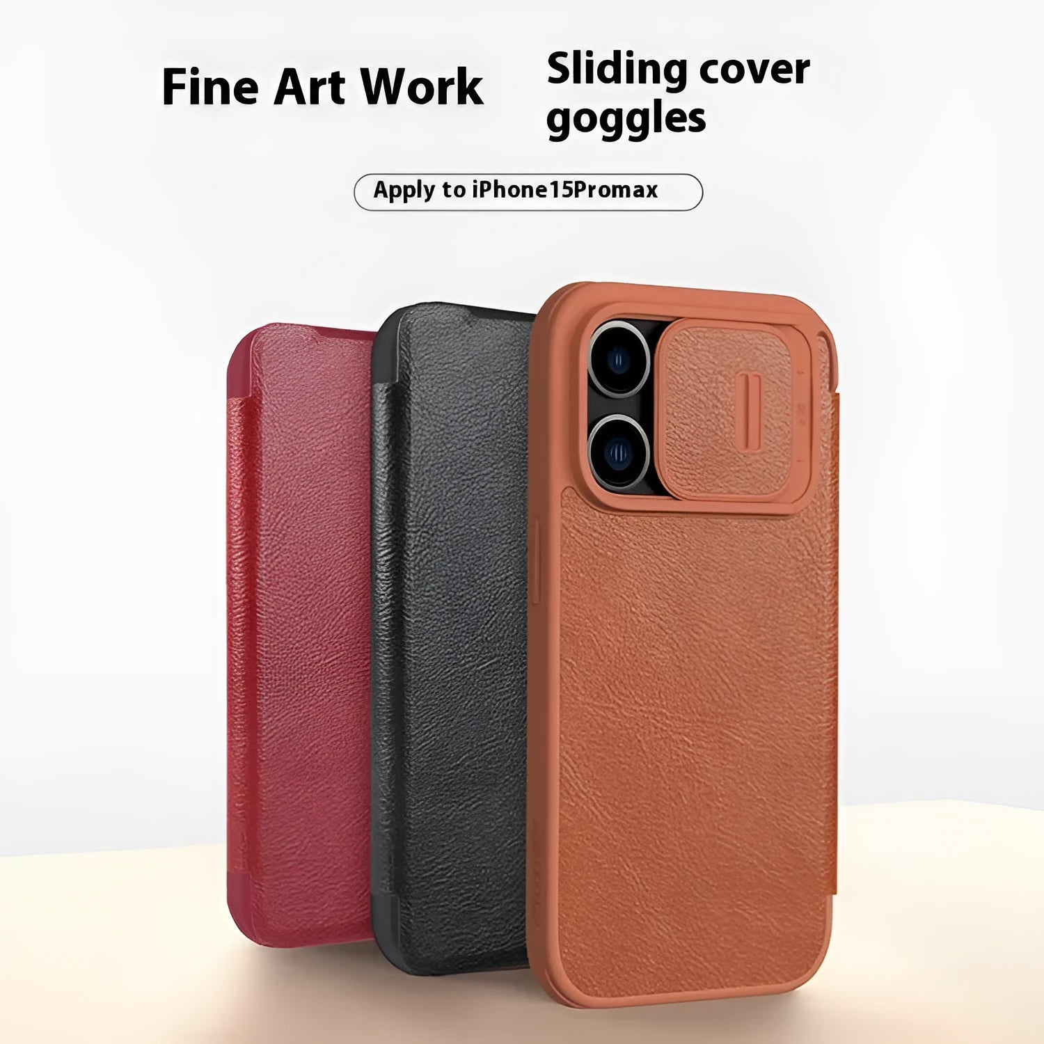 iPhone 15 Pro Max imitation leather flip wallet case in black showing front cover closed.