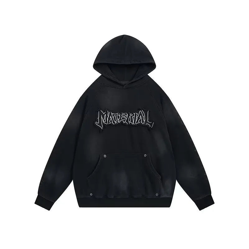 American vintage distressed graffiti hoodie in black loose fit pullover with long sleeves