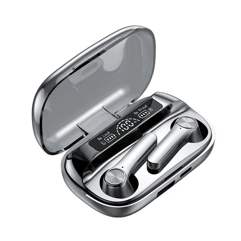 Black sports TWS Bluetooth earbuds with touch controls, shown in a charging case.