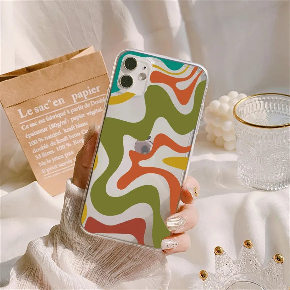 Transparent TPU phone case with striped wave painting pattern for iPhone 14 Pro