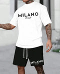 Men's polyester short sleeve suit with round neck shirt and matching shorts in blue colour