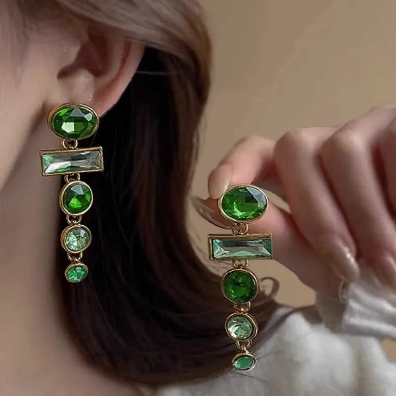 Retro green gradient tassel clip-on earrings with inlaid zircon, alloy geometric shape, women's Chinese style studs