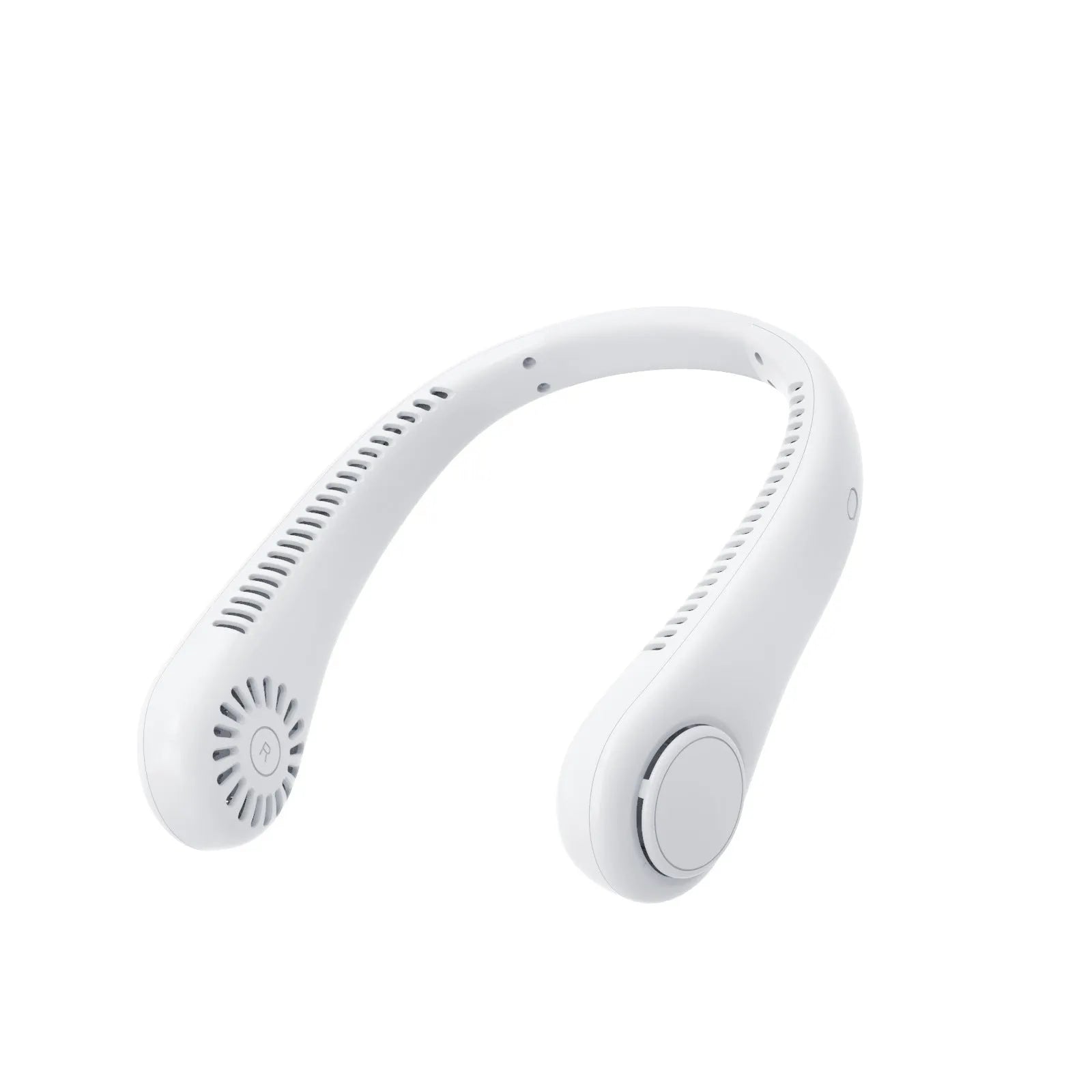 A white rechargeable bladeless neck fan hanging around a person's neck, showing its compact, hands-free design.