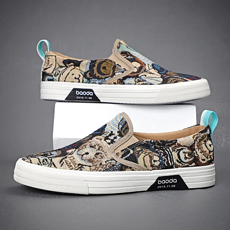 Khaki coloured canvas low-top slip-on sneakers with vulcanised rubber soles and a round toe.