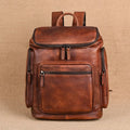 Genuine retro double-layer cowhide backpack for men in light brown with patchwork detailing