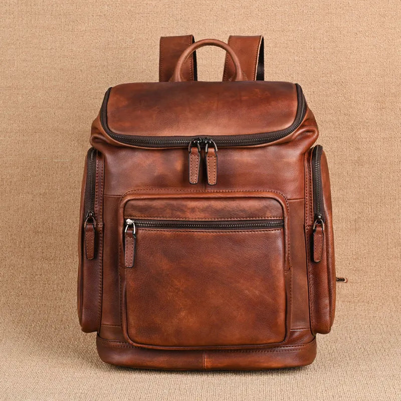 Genuine retro double-layer cowhide backpack for men in light brown with patchwork detailing