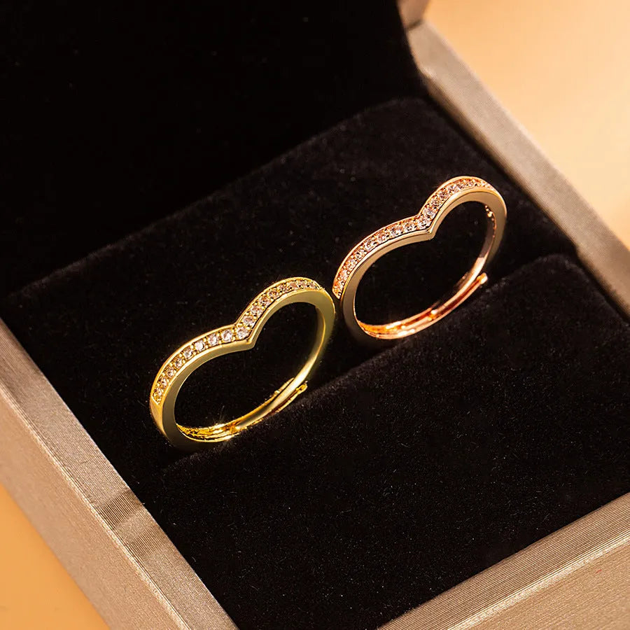 V-shaped adjustable ring for women with zircon inlaid detailing in white gold finish