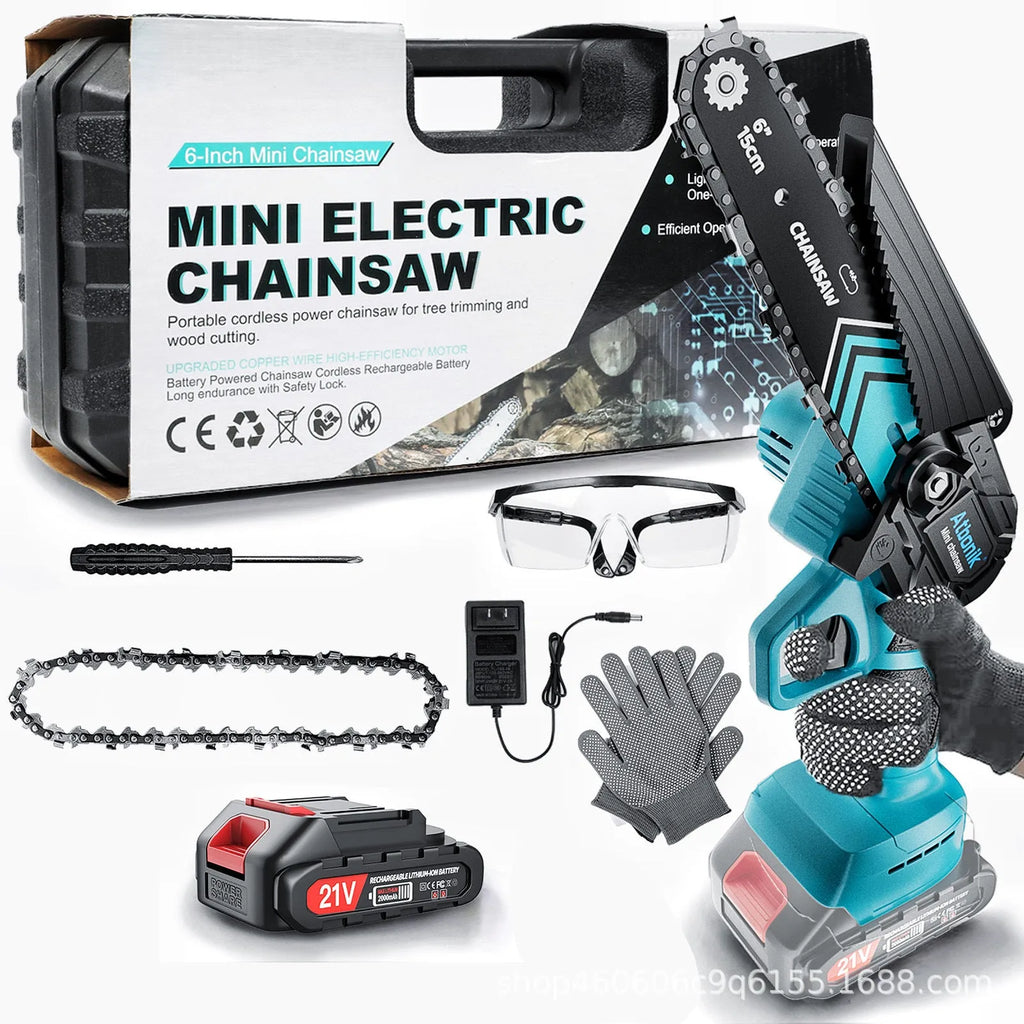 Handheld cordless electric chainsaw with 6-inch chain, two batteries, and safety accessories