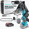 Handheld cordless electric chainsaw with 6-inch chain, two batteries, and safety accessories