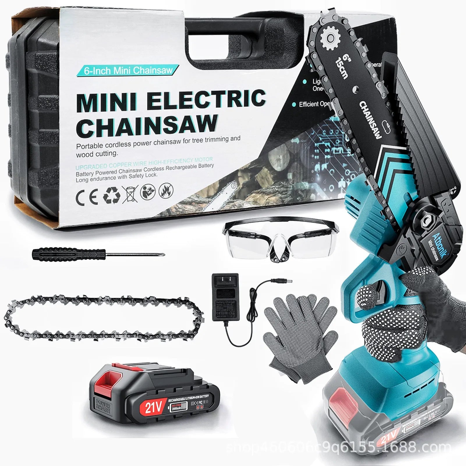 Handheld cordless electric chainsaw with 6-inch chain, two batteries, and safety accessories