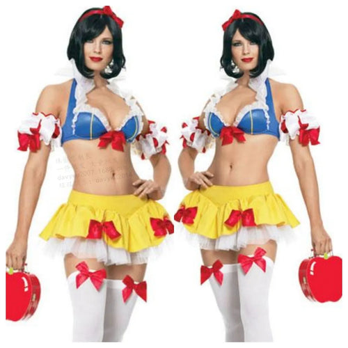 Snow White anime costume dress set with headdress, top, short skirt, and hand sleeves on a mannequin