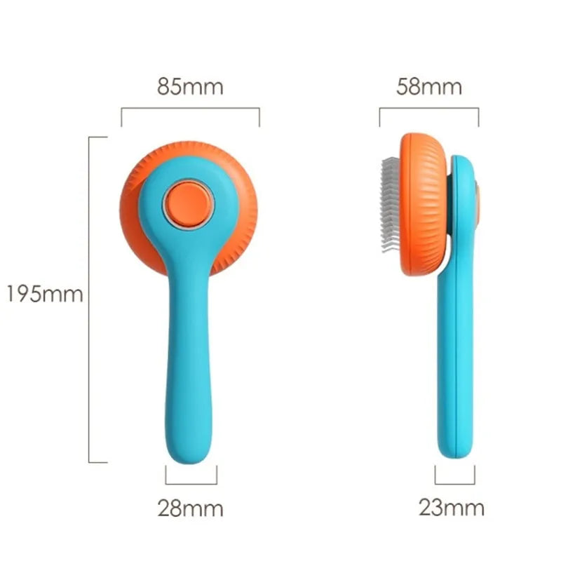Blue and white self-cleaning pet grooming brush with retractable bristles for cats and dogs.