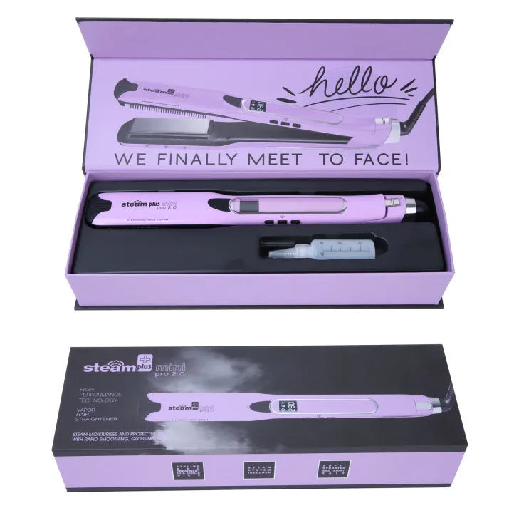 Mini steam hair straightener in champagne colour with styling plates visible