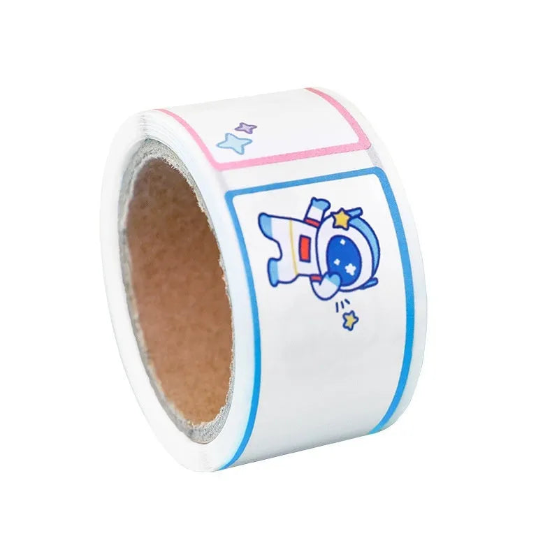 Roll of cartoon name stickers with dinosaur, astronaut, rabbit and girl design options