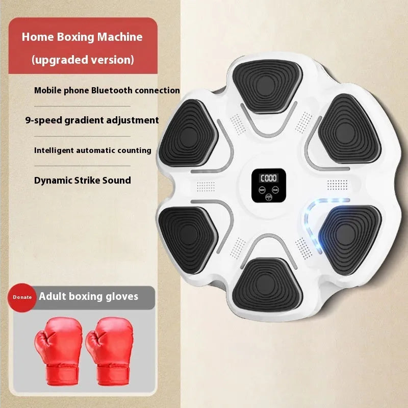 Smart electronic music boxing reaction training target wall unit with gloves, shown in white finish.