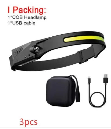 Black silicone USB rechargeable LED headlamp with side wave sensor, showing wide beam and long-range lighting.