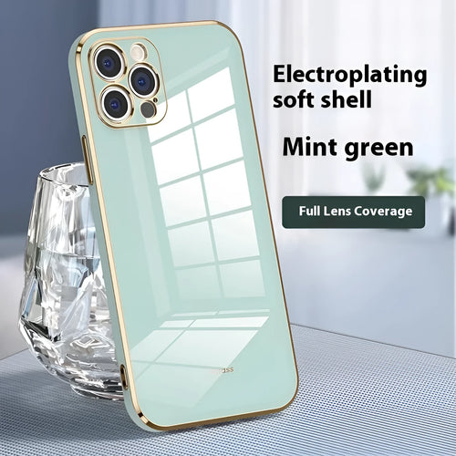 Simple 6D straight edge electroplated shockproof case for Apple iPhone 15 and iPhone 16 in mint green colour.