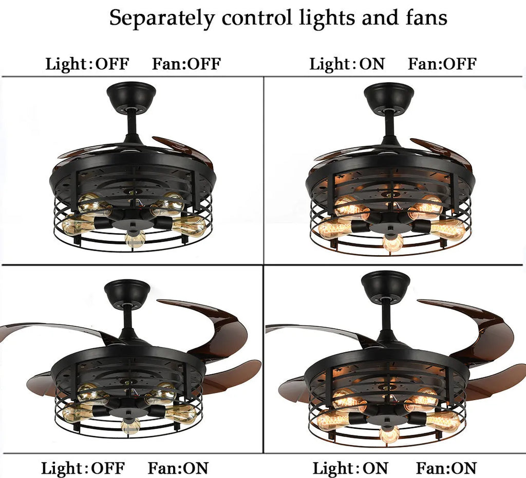 American retro industrial ceiling fan lamp with invisible acrylic blades and remote control