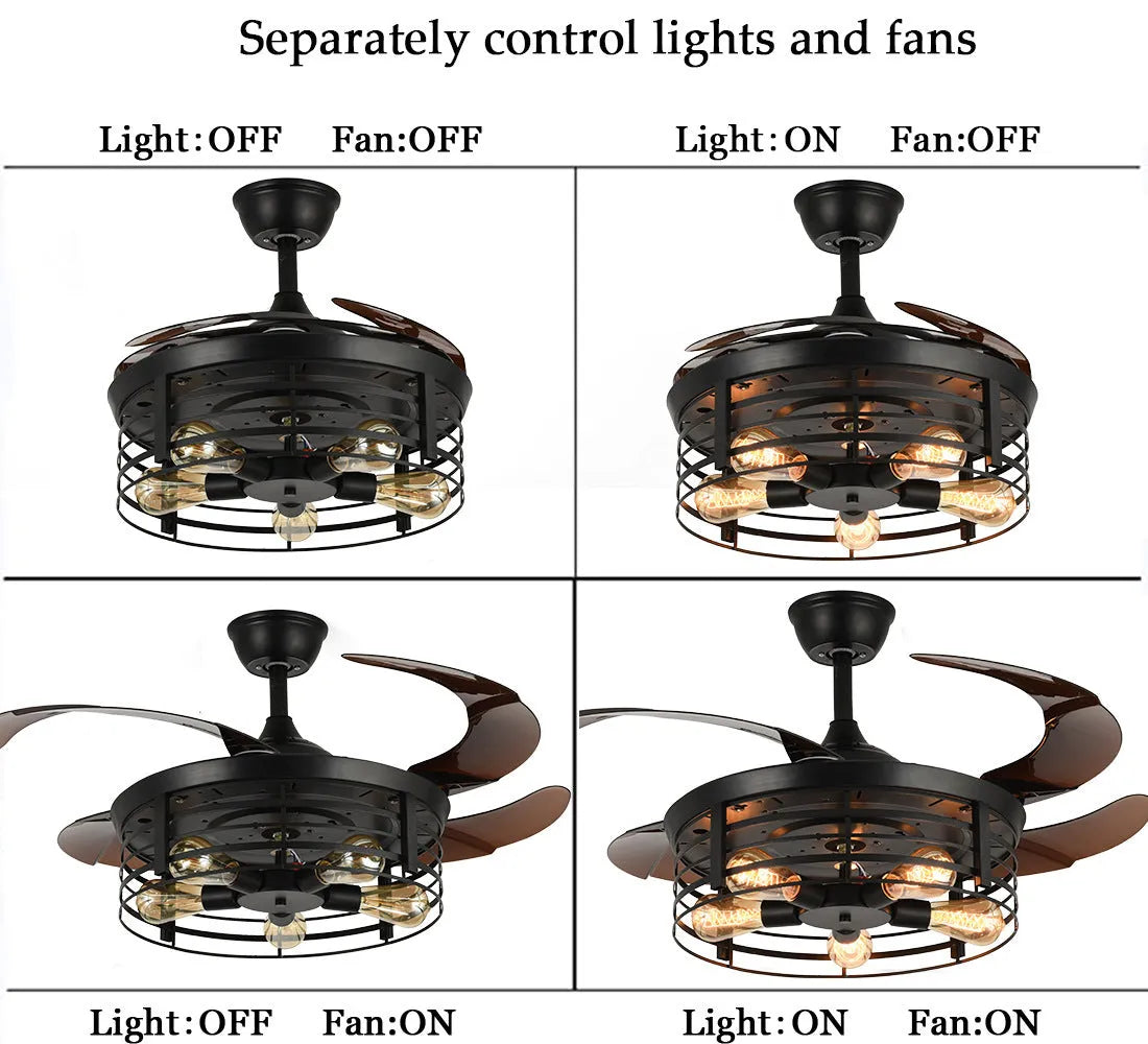 American retro industrial ceiling fan lamp with invisible acrylic blades and remote control