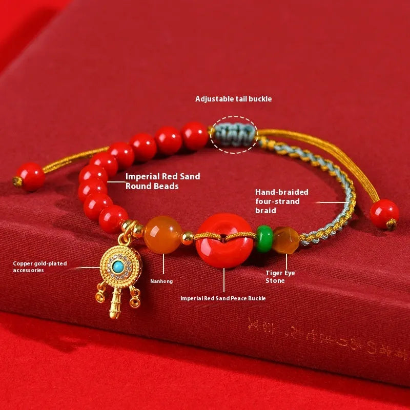 Hand-woven cinnabar peace buckle bracelet in emperor red sand colour with geometric pattern