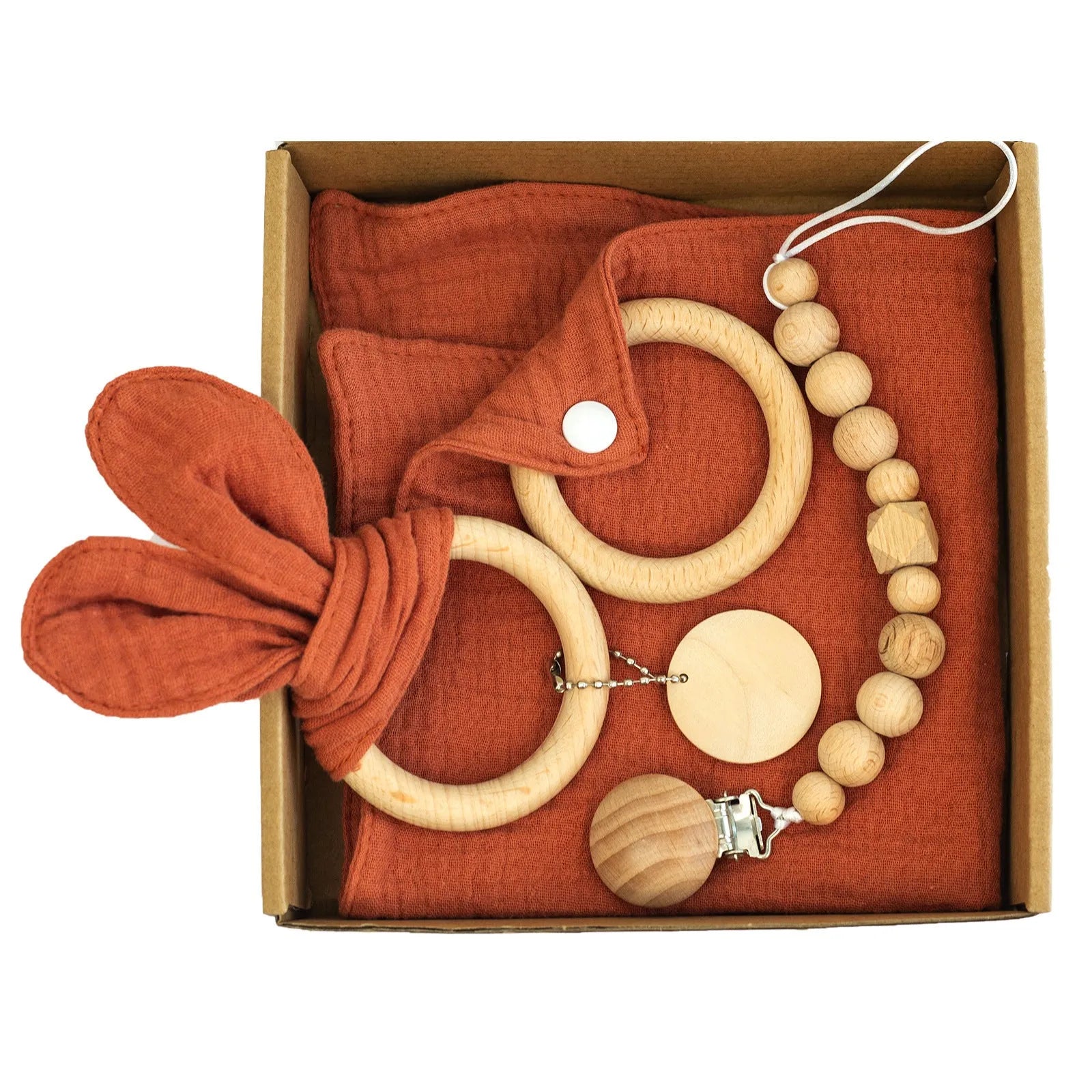 Baby teething toy gift set with bamboo cotton blanket and natural beech wood components