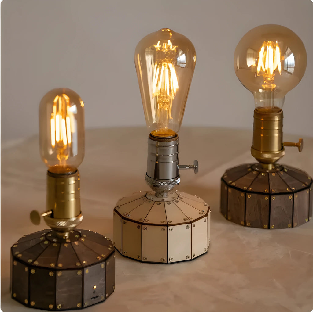 Retro glass USB charging bedside lamp with wooden base and ST64 style bulb