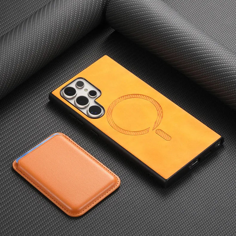 Ultra-thin silicone anti-fall phone cover for Samsung Galaxy with card case and magnetic charging support in black colour