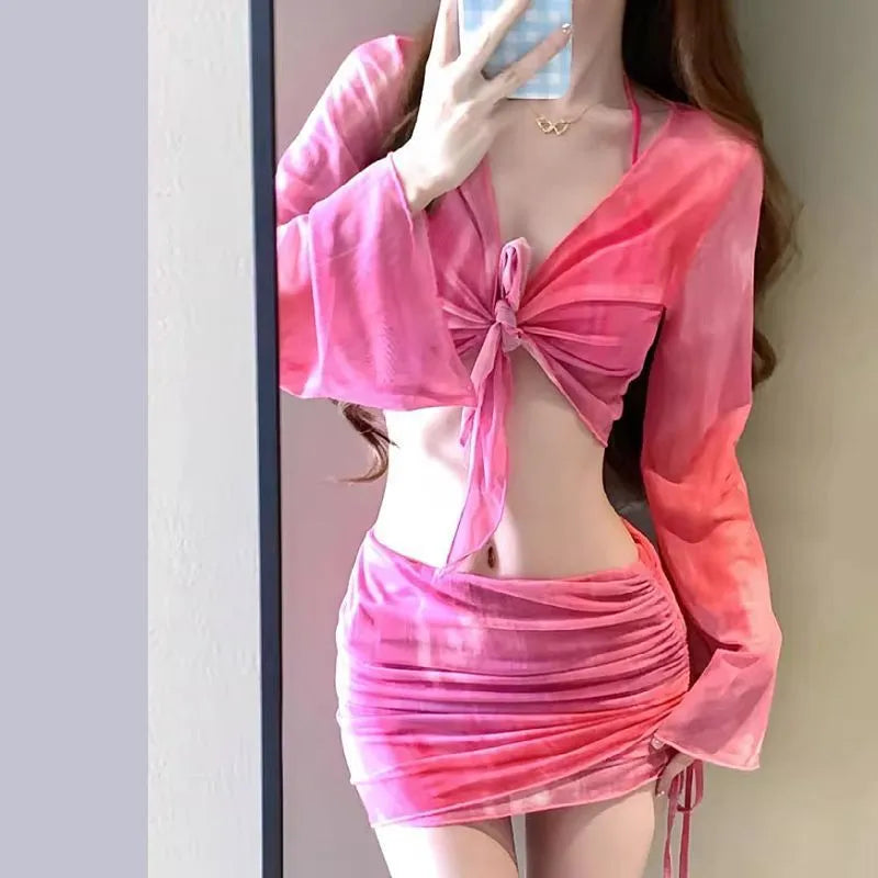 Women's blue high-waist bikini four-piece swimsuit set with shirt and skirt