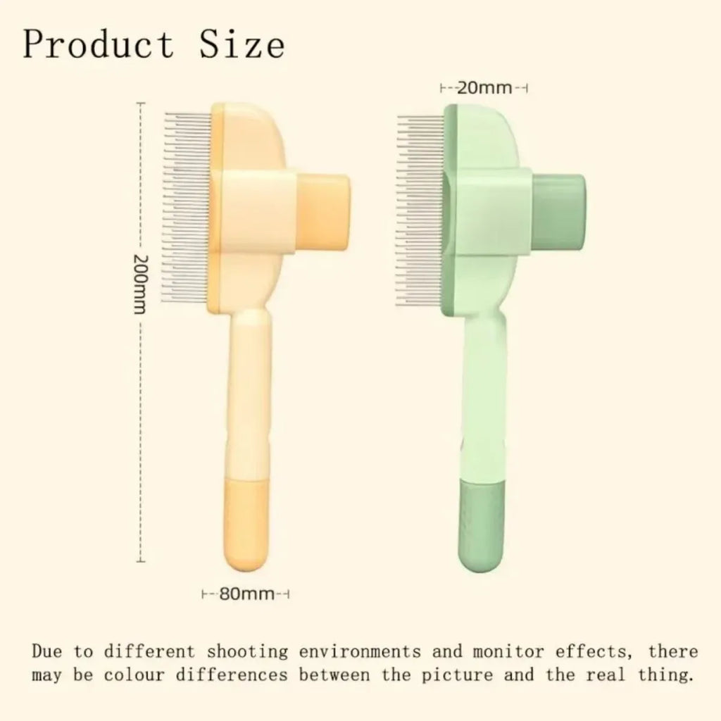 Green and yellow handheld dog grooming brush with one-click hair removal function.