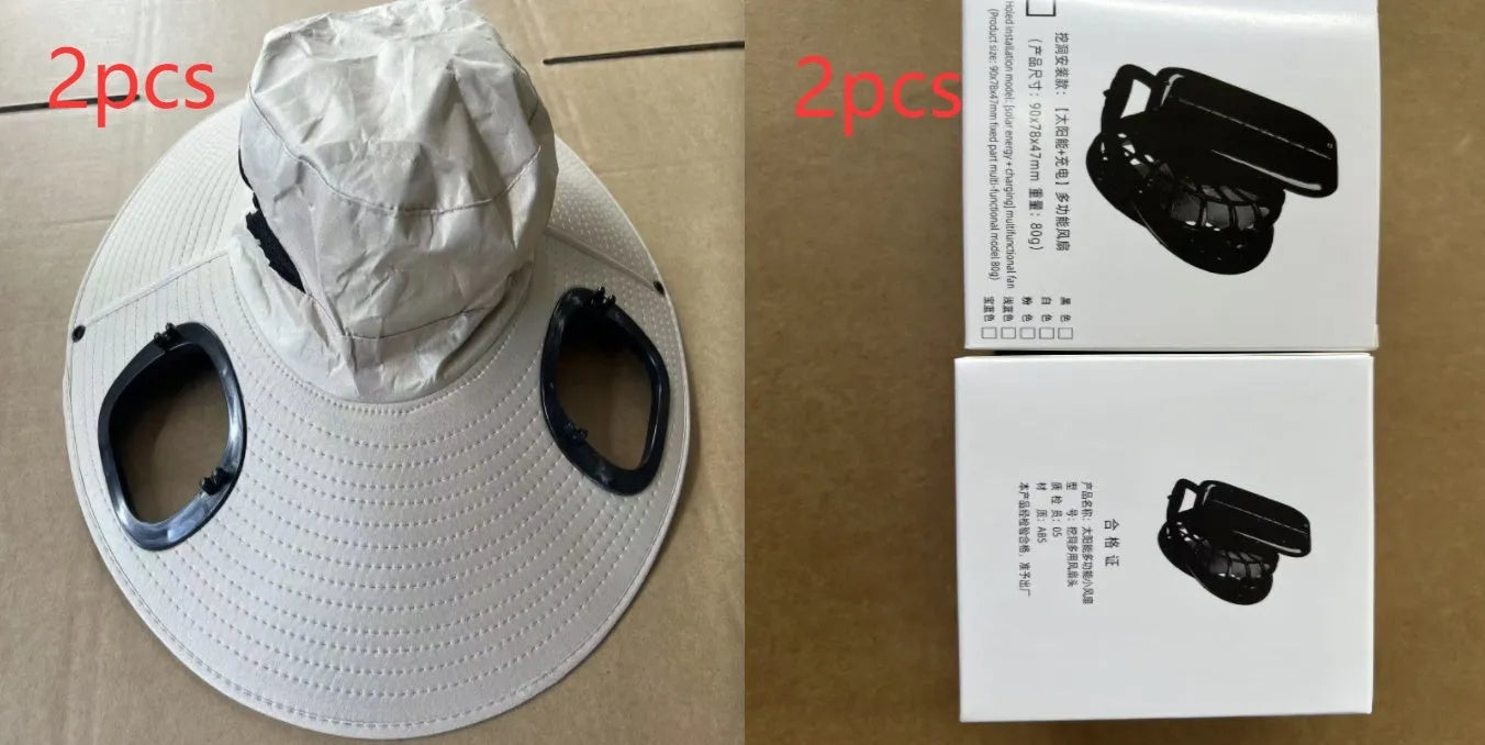 Men's grey solar cooling cap with large eave and visible fan unit on the front.