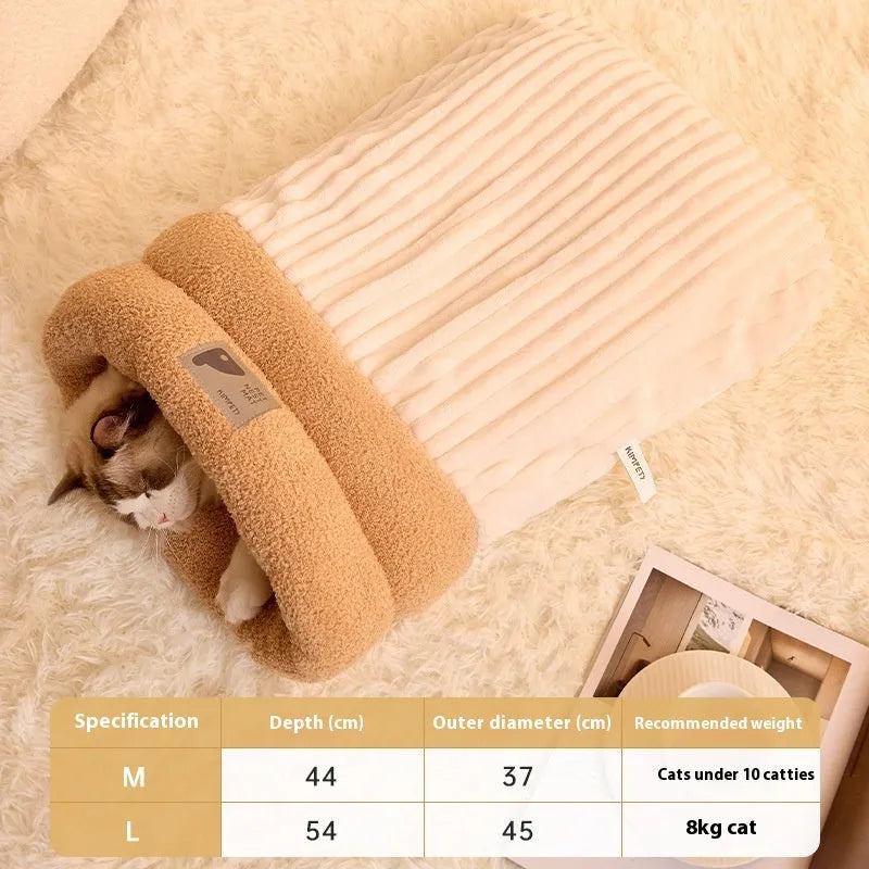 Brown semi-enclosed pet sleeping bag with lambswool warming layer for cats