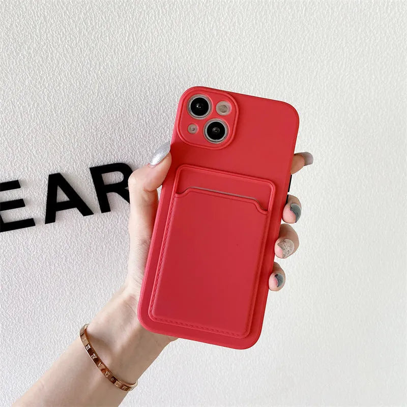 Sky blue silicone iPhone protective case with integrated card slot for multiple iPhone models