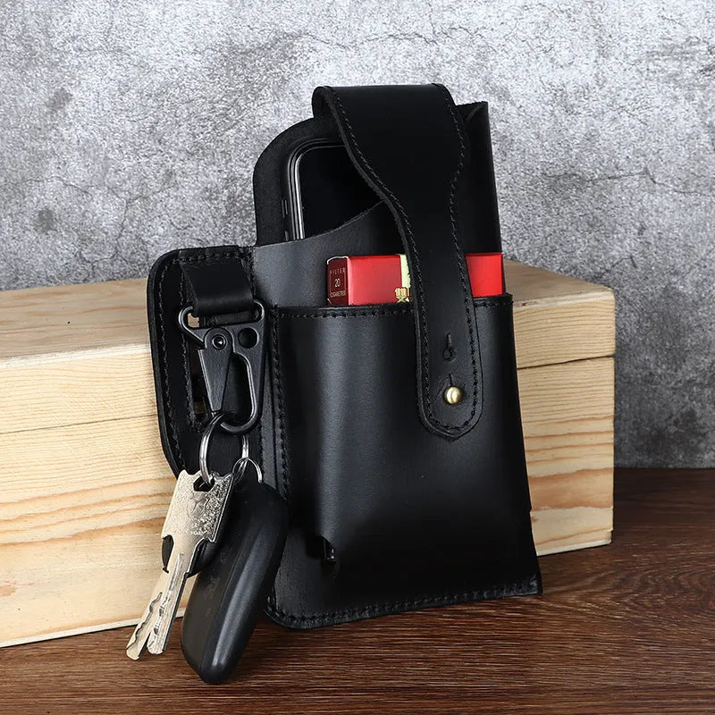 Men's retro leather hanging belt bag in cowhide with car suture detailing and cover opening for mobile phone storage