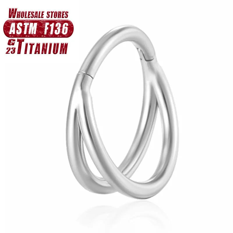 F136 titanium alloy fork nose ring with diamond cut finish in silver colour, on display