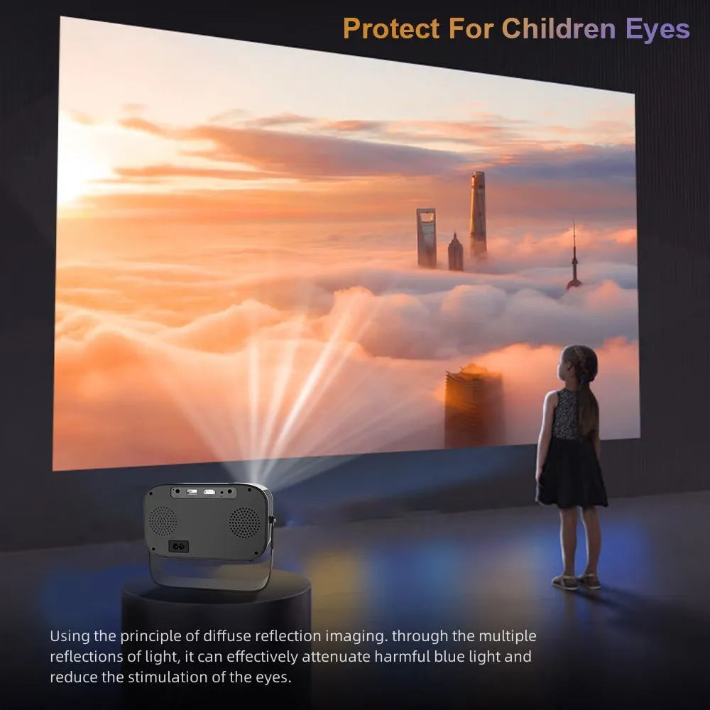 Black portable smart projector with 720p HD resolution and Android operating system