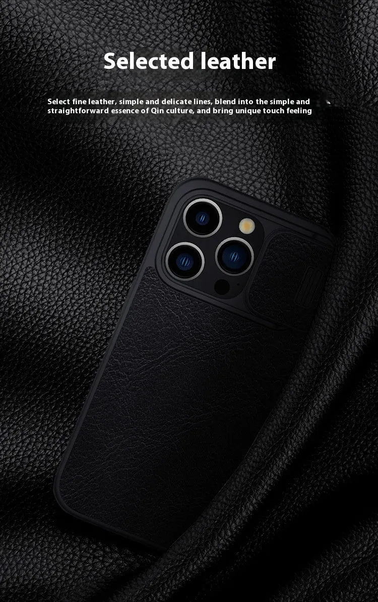 iPhone 15 Pro Max imitation leather flip wallet case in black showing front cover closed.