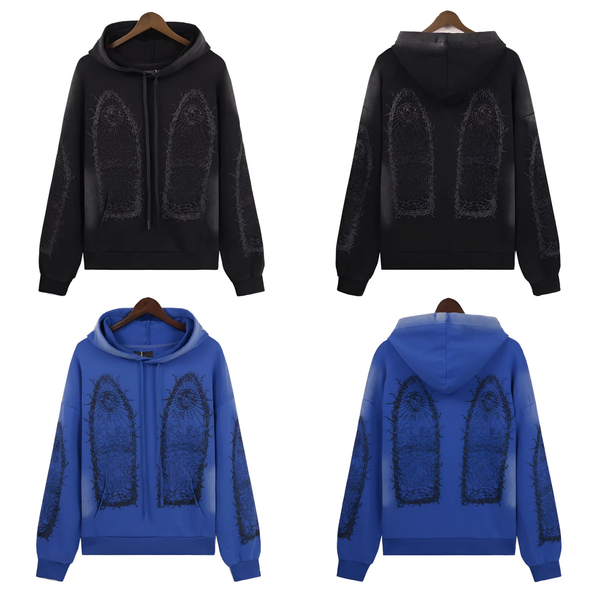 Men's cotton terry pullover sweatshirt with washed distressed finish and large classic letter print on front, loose fit, black colour, against plain background