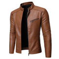 Men's loose-fit leather motorcycle jacket with lapel collar and zipper, available in Black, Brown, Green, Grey