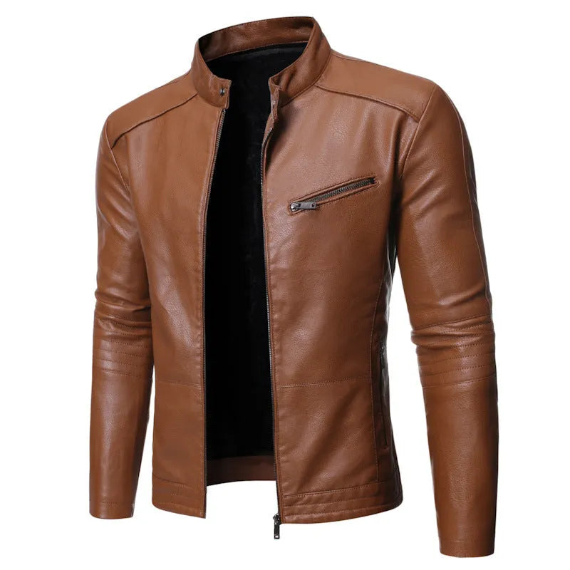 Men's loose-fit leather motorcycle jacket with lapel collar and zipper, available in Black, Brown, Green, Grey